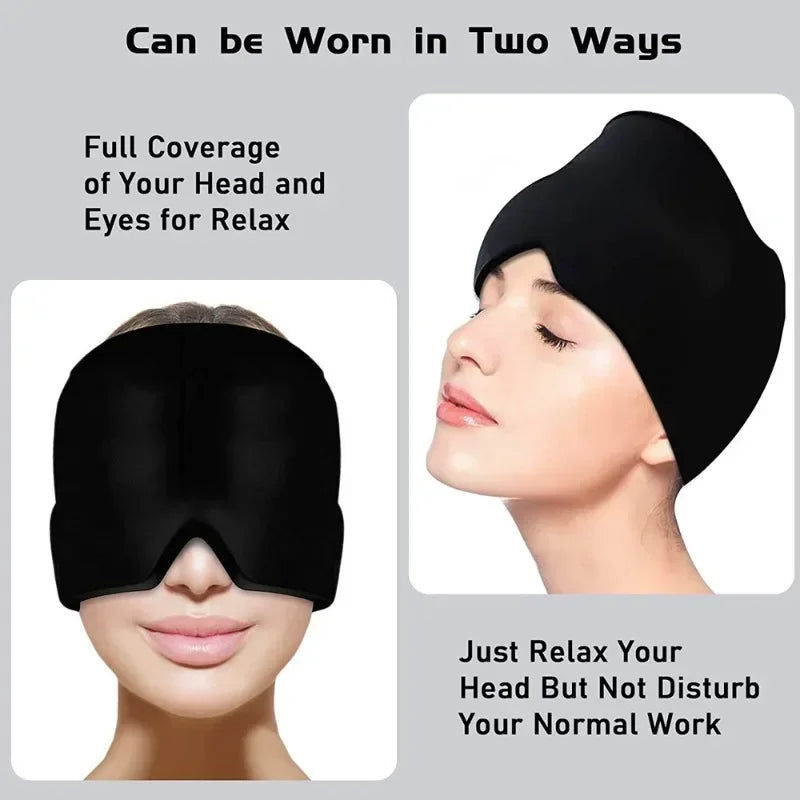 Femme portant un masque anti-migraine noir à gel réutilisable chaud, froid, hot, cold, headache