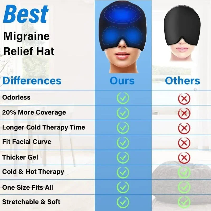 Femme portant un masque anti-migraine noir à gel réutilisable chaud, froid, hot, cold, headache